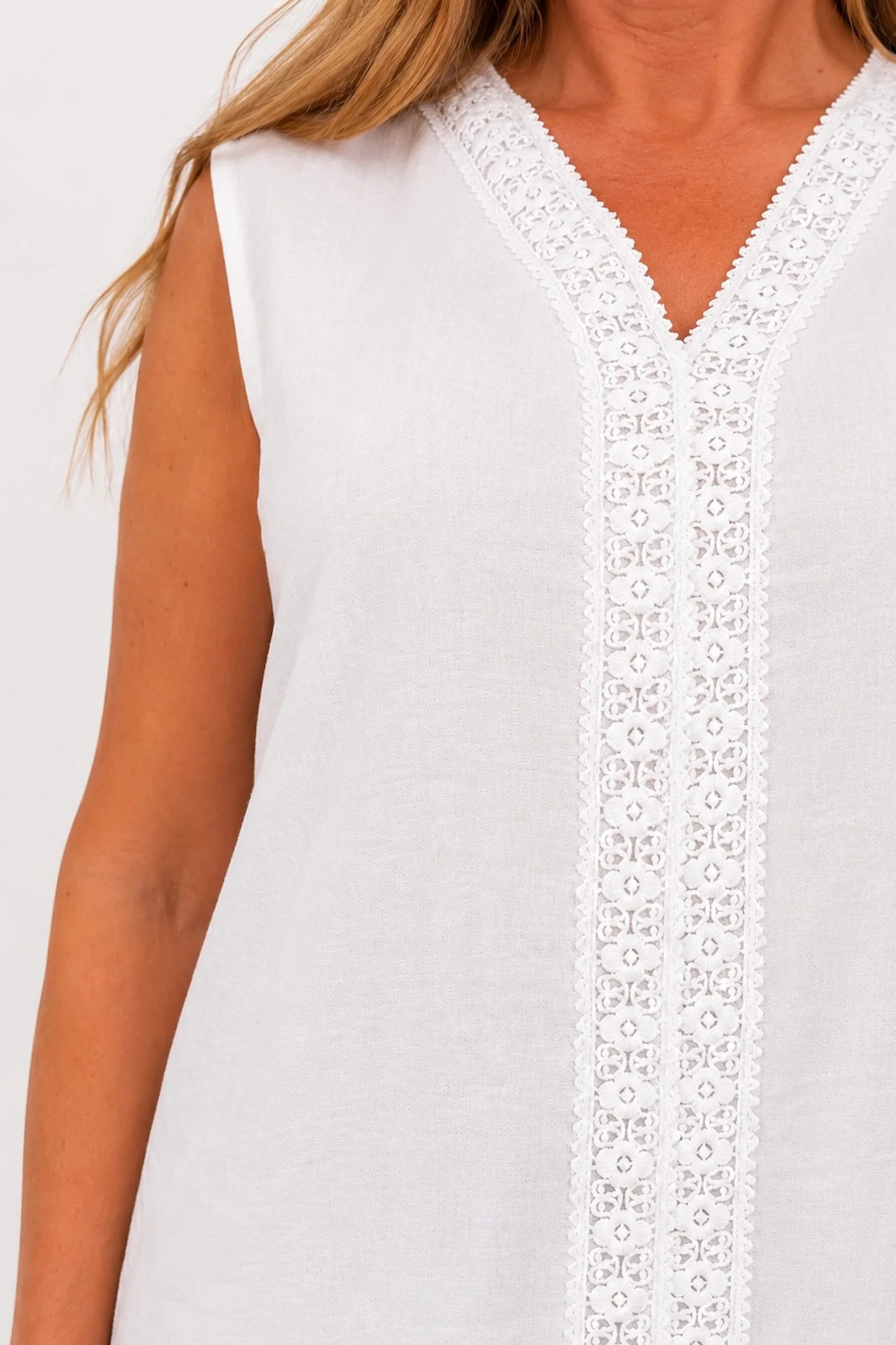 Embroidered Trim Carvela Sleeveless Top - White