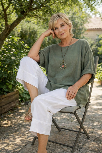 Pure Cotton Linen Look Italia Necklace Top - Khaki