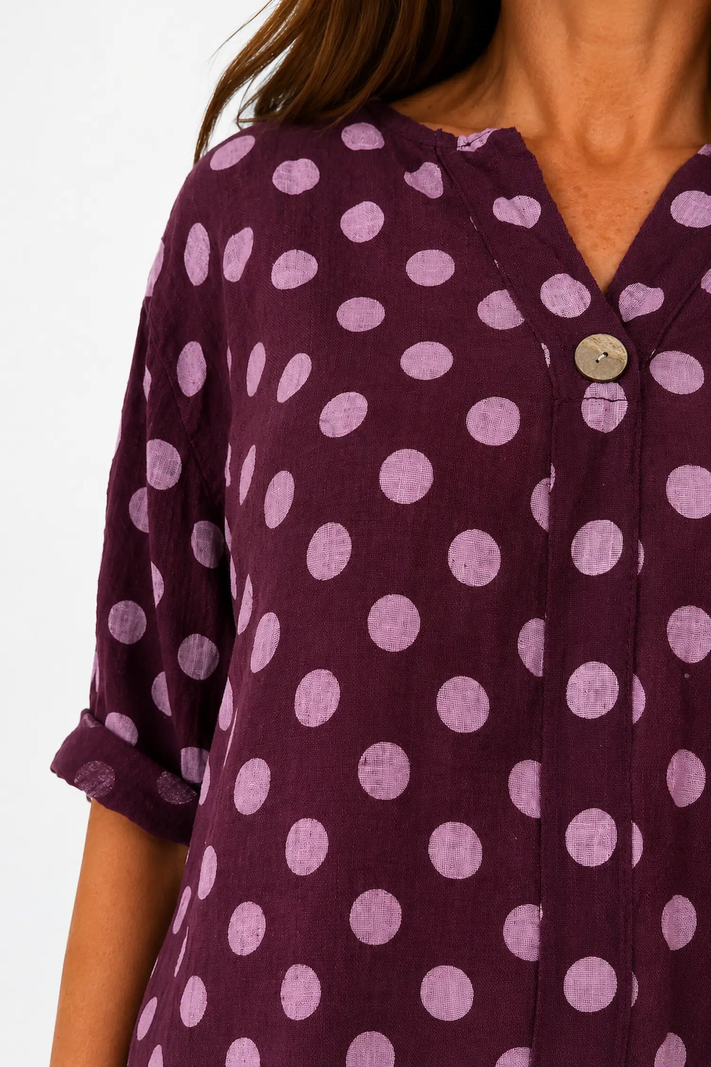 Pure Cotton Polka Dot Kara Button Shirt - Grape