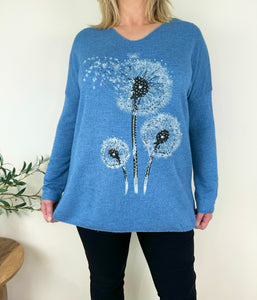 Wool Mix Diamanté Dandelion Ribbed Knit Top AW24