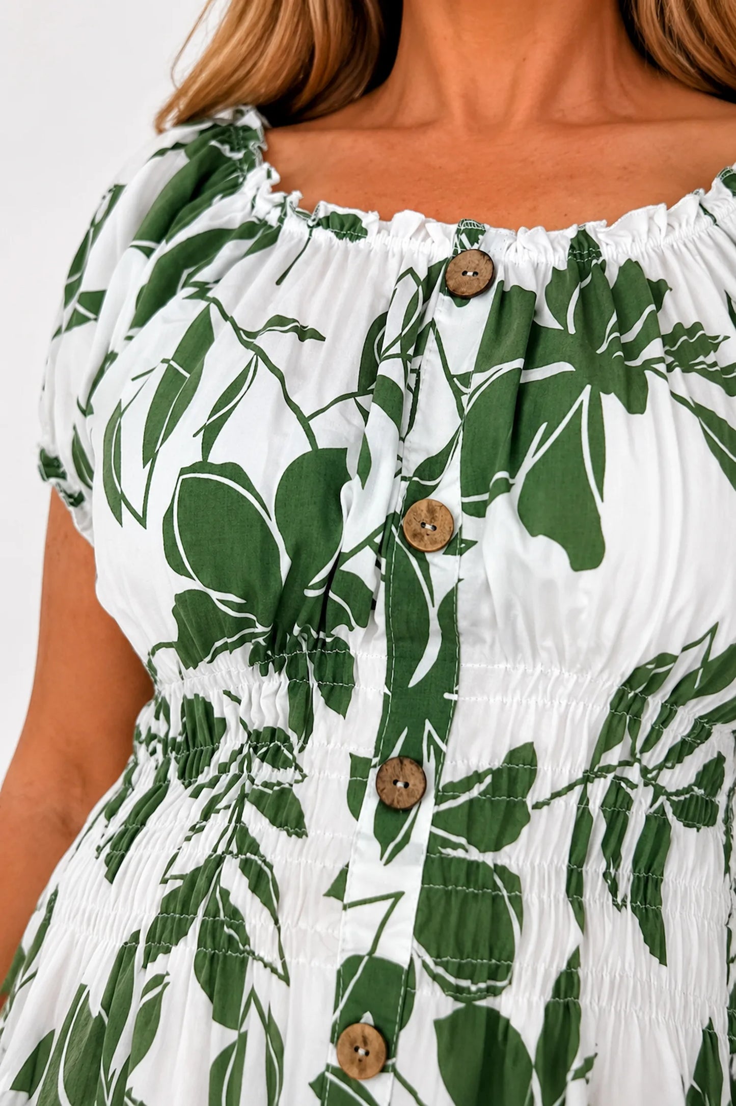 Cotton Button Detail Elasticated Waist Panel Floral Dasia Dress - Light Khaki