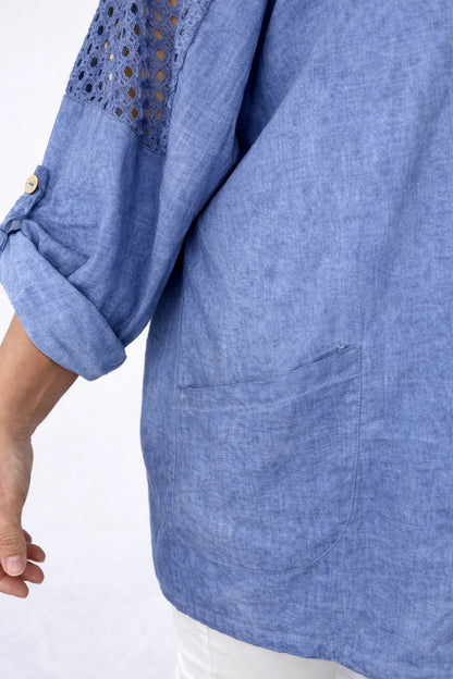 Pure Cotton Linen Look Mesh Detail Button Sleeve Double Pocket Rosalie Zipped Hoodie - Vintage Denim