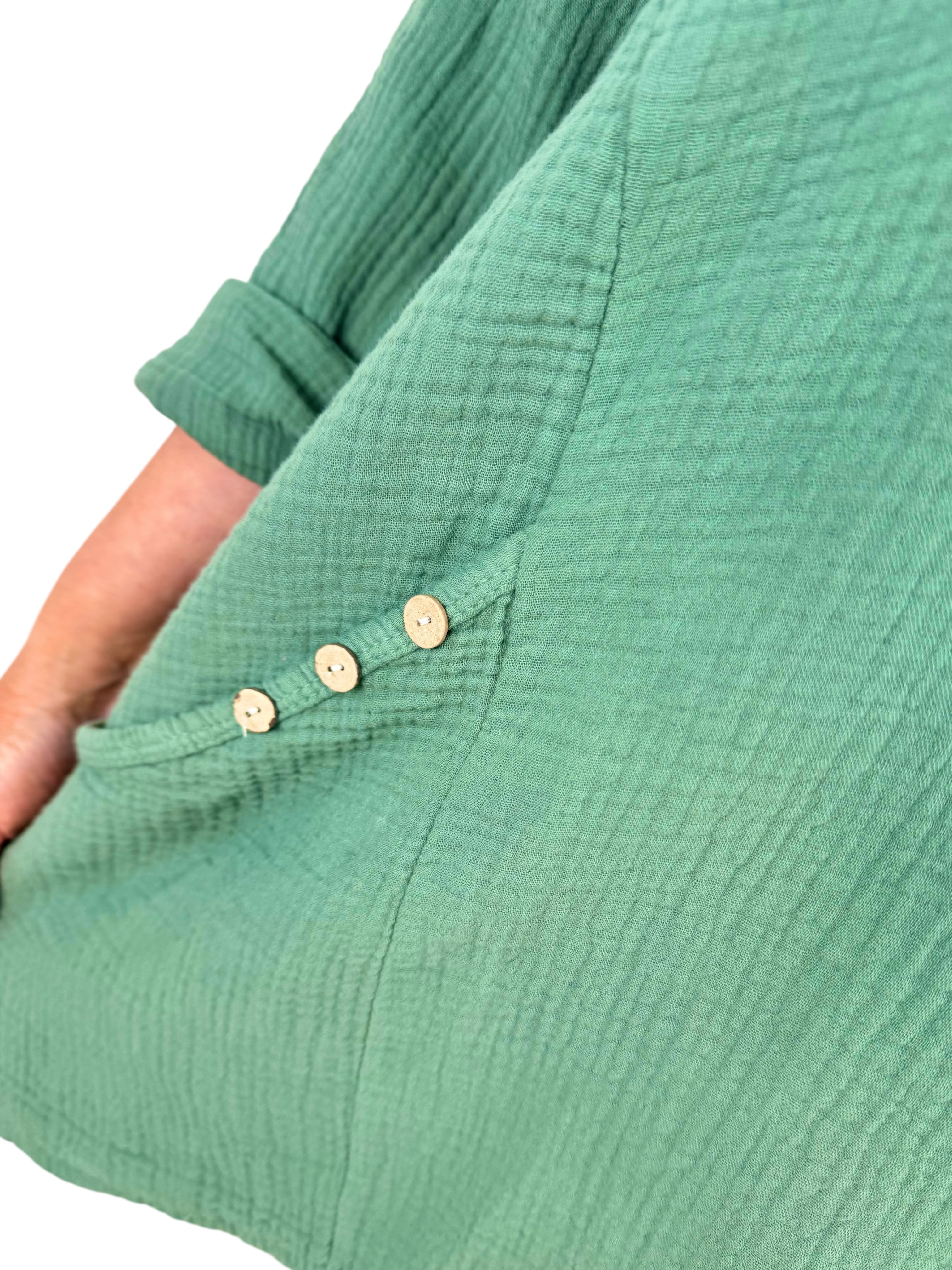 Pure Bubble Cotton Double Button Pocket Telia Necklace Top - Khaki