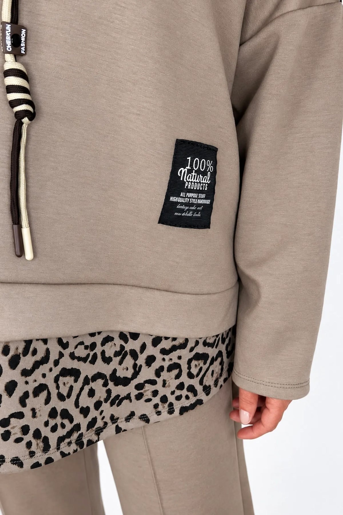 Badge Detail Kiki Leopard Drawstring Hoodie - Mocha
