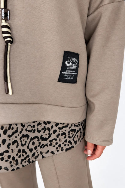 Badge Detail Kiki Leopard Drawstring Hoodie - Mocha