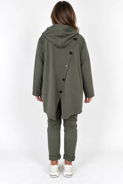 Cotton Button Back Detail Double Button Pocket Marnie Zipped Jacket - Khaki