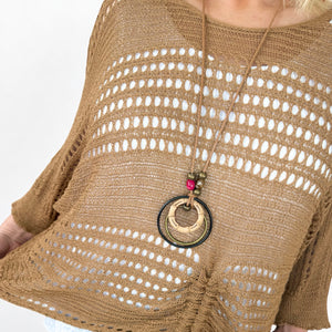 Darla Batwing Rugged Detail Crochet Top - Camel