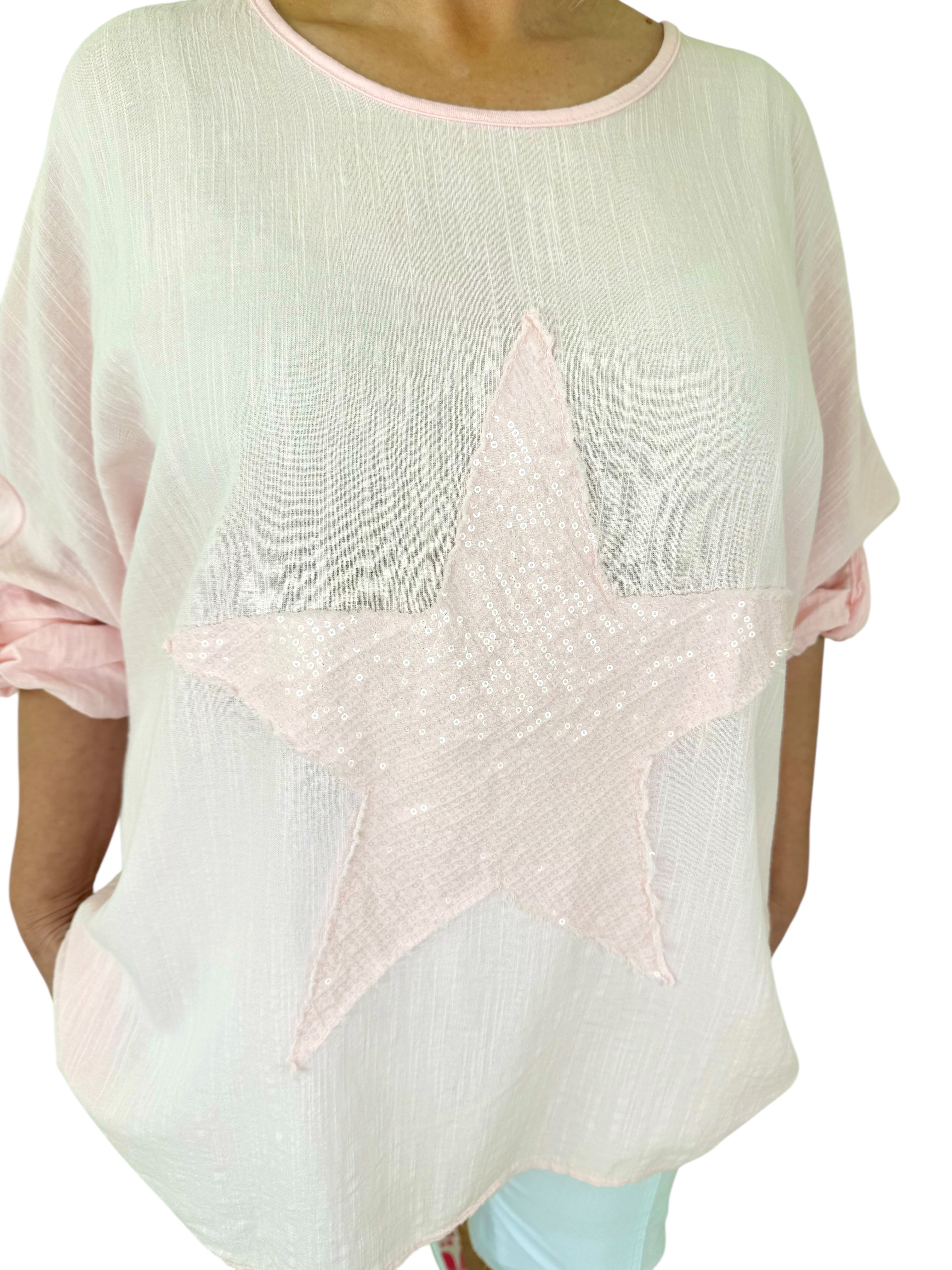 Cotton Sparkle Star Siana Button Sleeve Batwing Top - Baby Pink