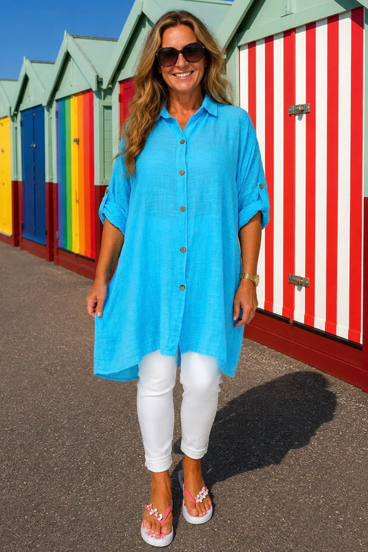 Pure Cotton Button Sleeve Cressida Button Shirt - Turquoise