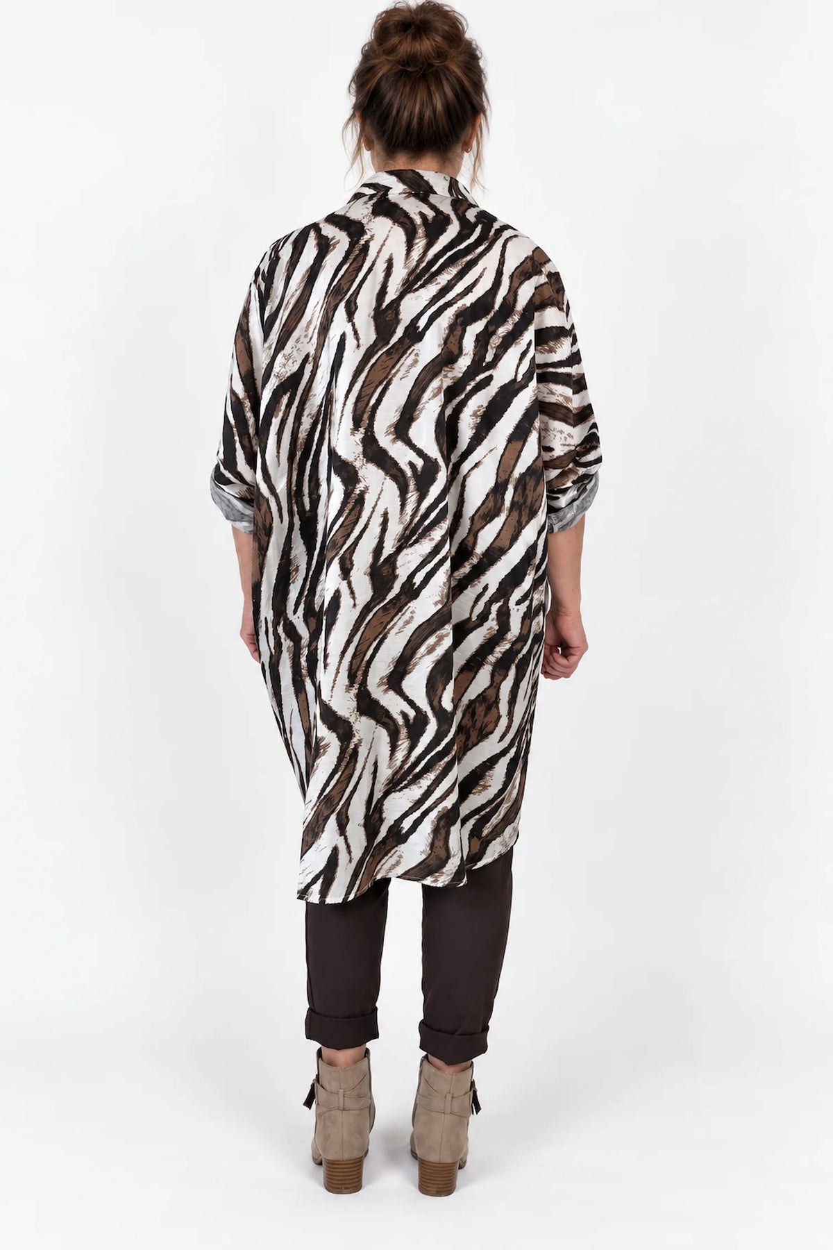Pure Cotton Shimmer Finish Button Sleeve Viana Zebra Longline Button Shirt - Zebra