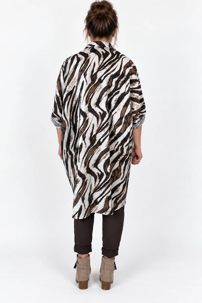 Pure Cotton Shimmer Finish Button Sleeve Viana Zebra Longline Button Shirt - Zebra