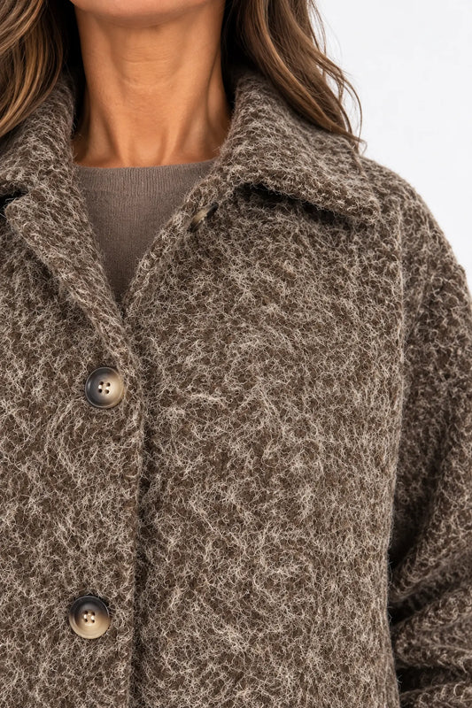 Wool Mix Brushed Double Pocket Arabella Button Coat - Chocolate