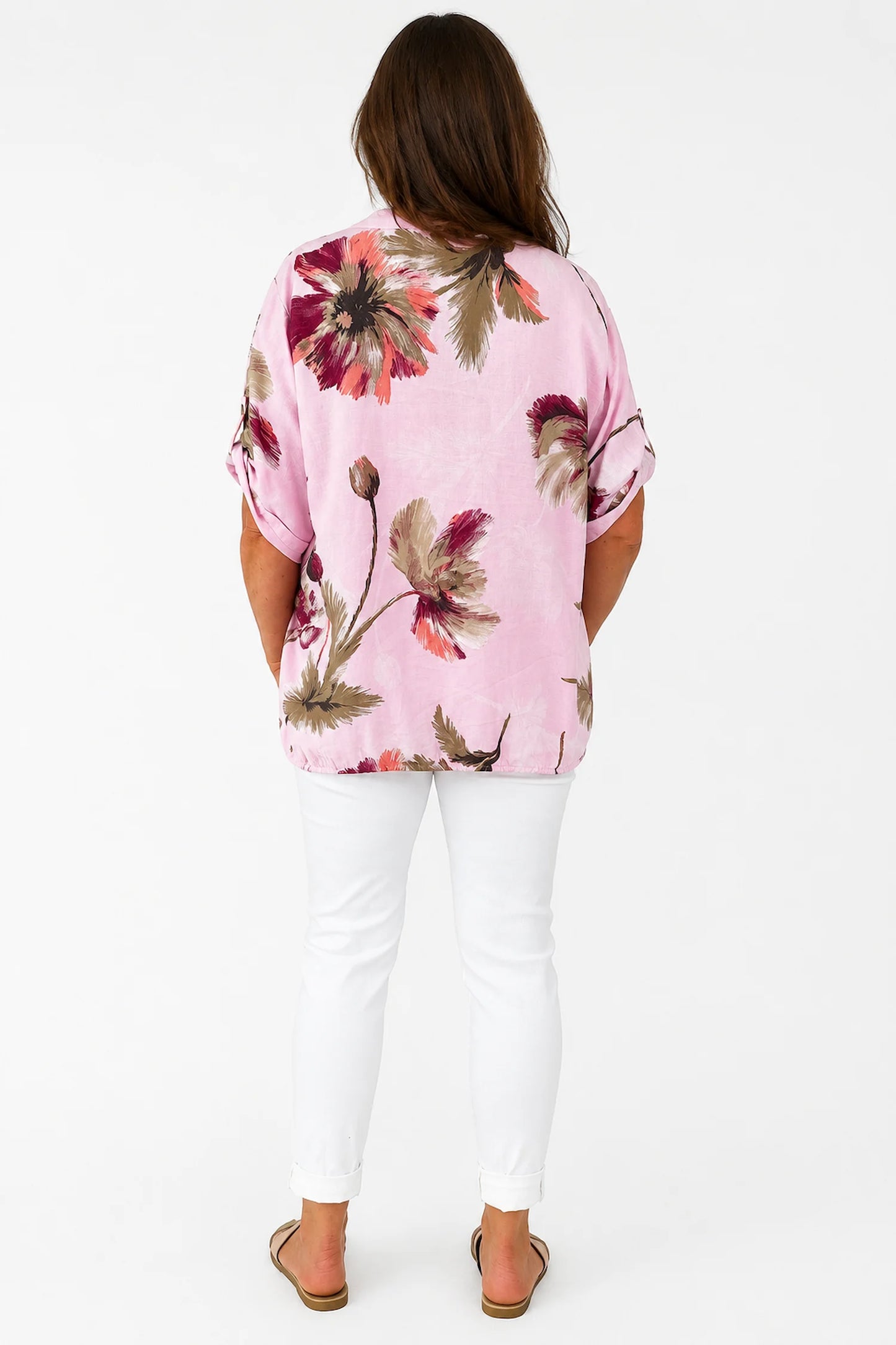 Button Sleeve Drawstring Hem Mary Floral Shirt - Baby Pink