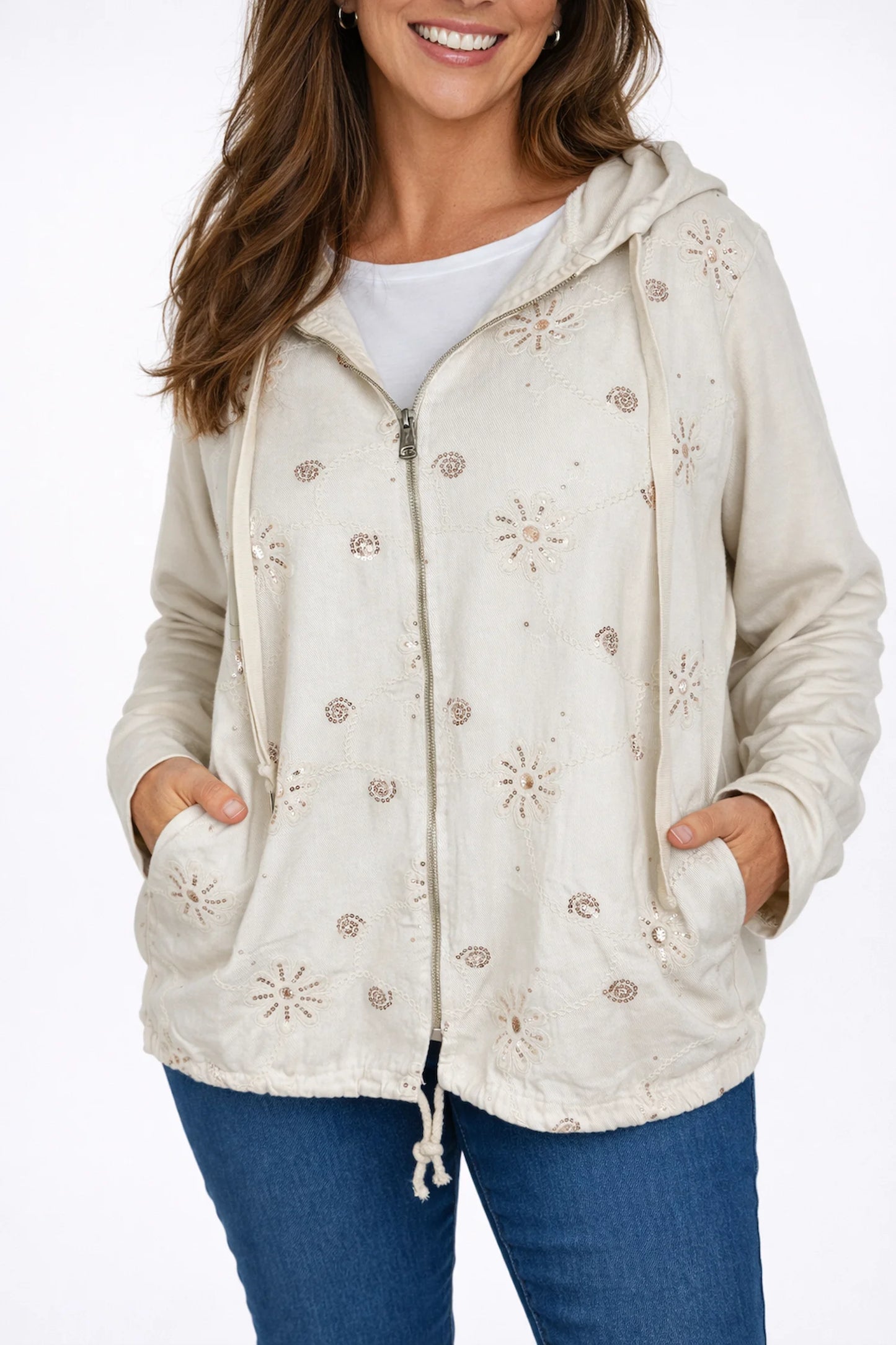 Cotton Sequin Floral Embroidery Double Pocket Zipped Siena Drawstring Hem Hoodie - Beige
