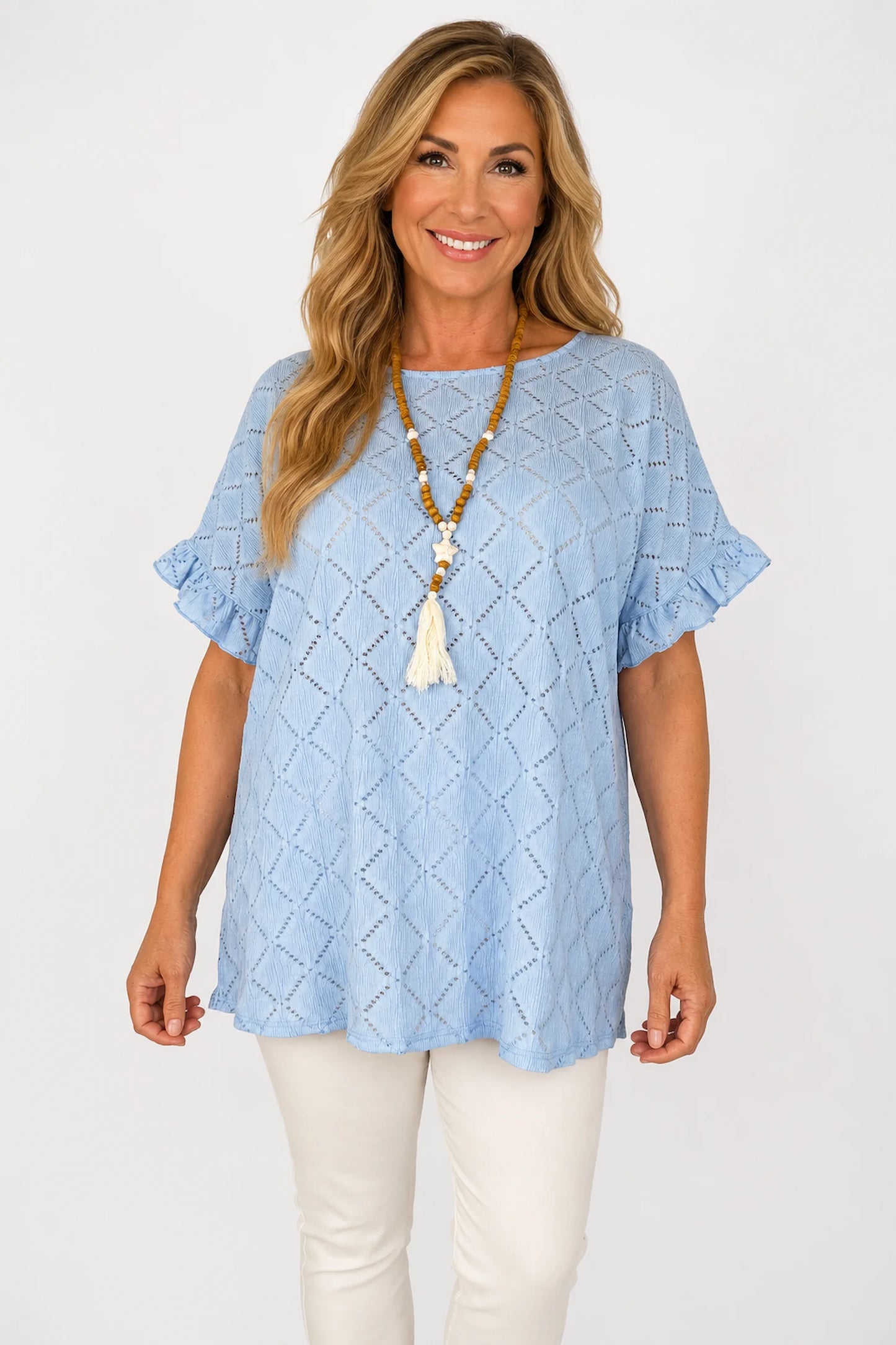 Lightly Textured Frill Sleeve Giana Necklace Top - Baby Blue
