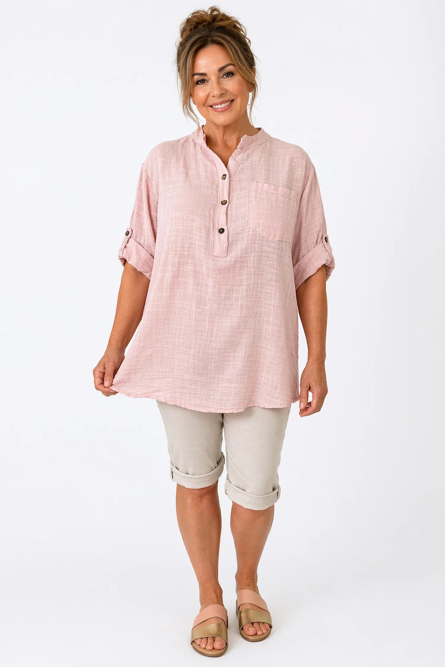 Linen Look Pure Cotton Pocket Detail Button Sleeve Calilla Button Shirt - Vintage Pink