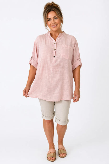 Linen Look Pure Cotton Pocket Detail Button Sleeve Calilla Button Shirt - Vintage Pink