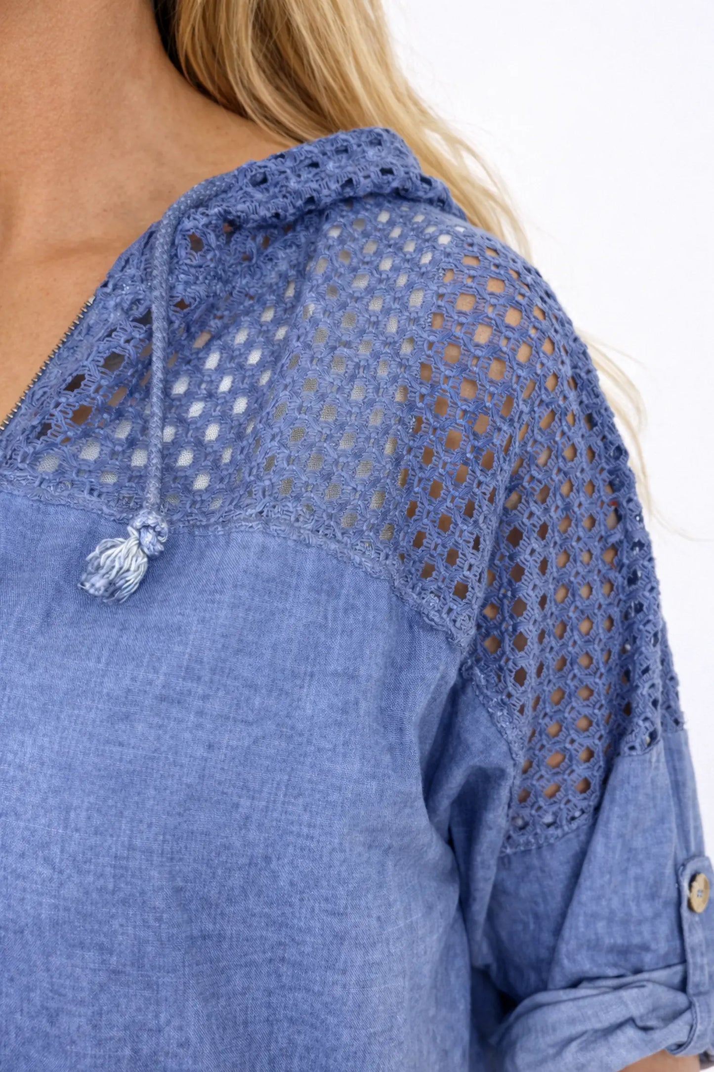 Pure Cotton Linen Look Mesh Detail Button Sleeve Double Pocket Rosalie Zipped Hoodie - Vintage Denim