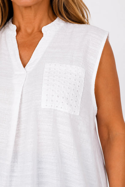 Pure Cotton Mesh Detail Rosetta Pocket Cap Sleeve Top - White