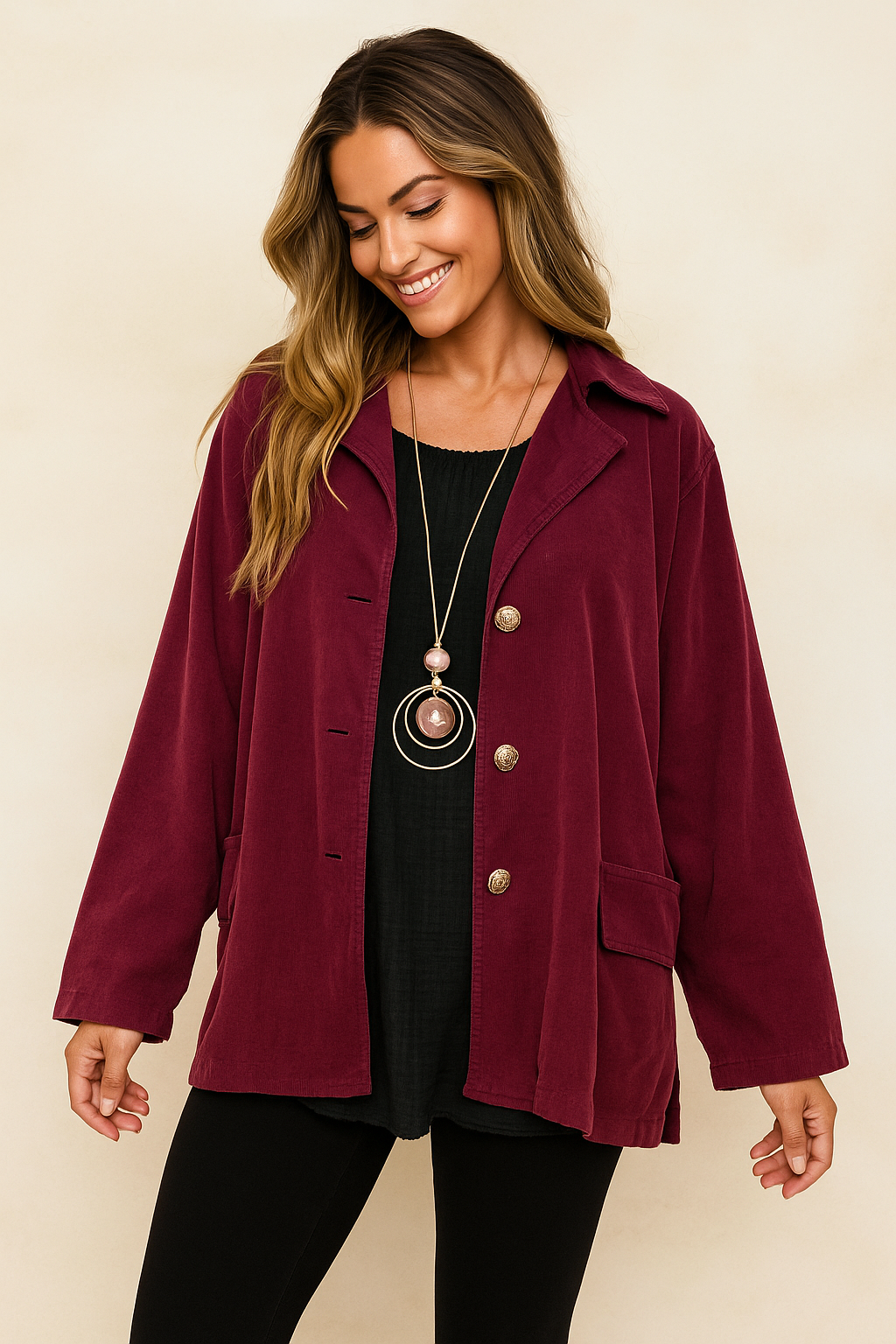 Pure Cotton Needlecord Gold Button Faux Side Pocket Felicity Jacket - Italia Purple