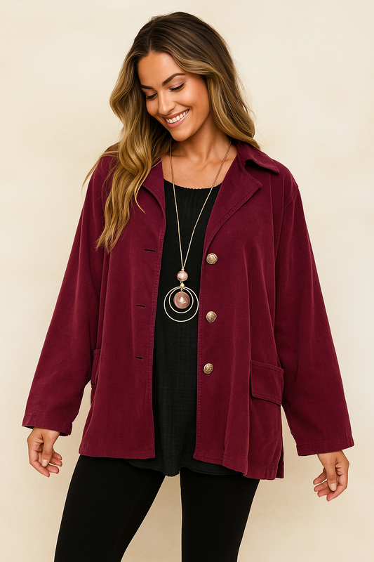 Pure Cotton Needlecord Gold Button Faux Side Pocket Felicity Jacket - Italia Purple