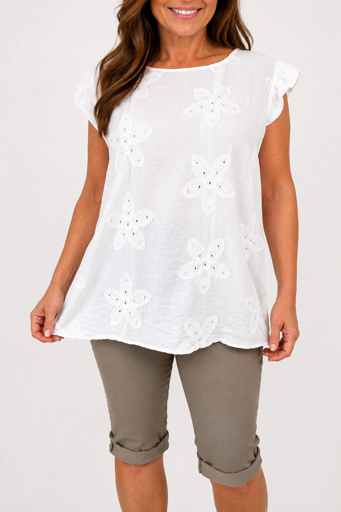 Frill Sleeve Embroidered Floral Detail Sienna Cap Sleeve Top - White