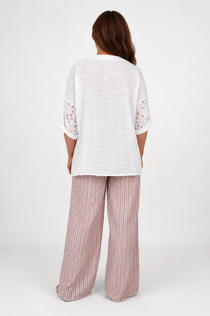 Linen Look Cotton Lace Sleeve Calabri Button Top - White