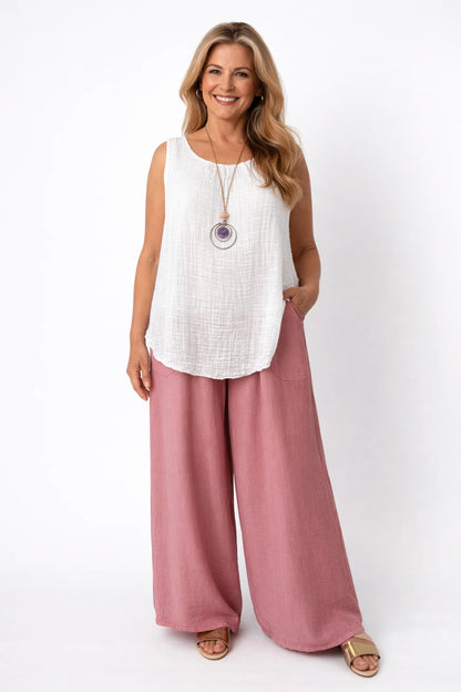 Elasticated Smocked Waist Patch Pocket Milan Wide Leg Pants - Vintage Rose