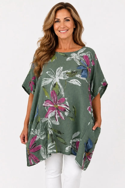 Pure Cotton Double Pocket Livia Tunic Top - Khaki