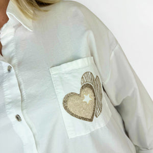 Pure Cotton Needlecord Gold Stitch Heart Pocket Shirt - White