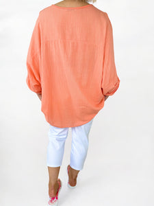 Cotton Sparkle Star Siana Button Sleeve Batwing Top - Peach
