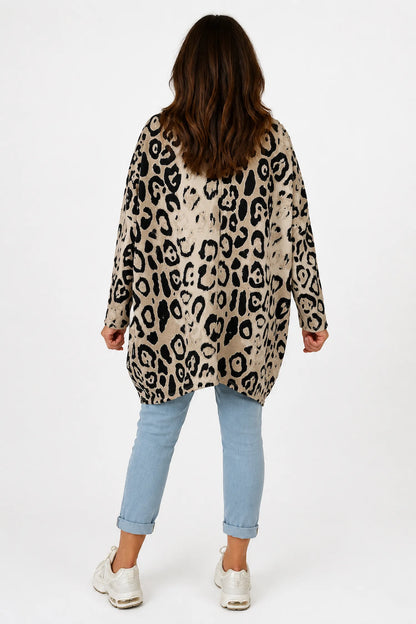 Zip Detail Scuba Leopard Zizzi Tunic Top - Beige