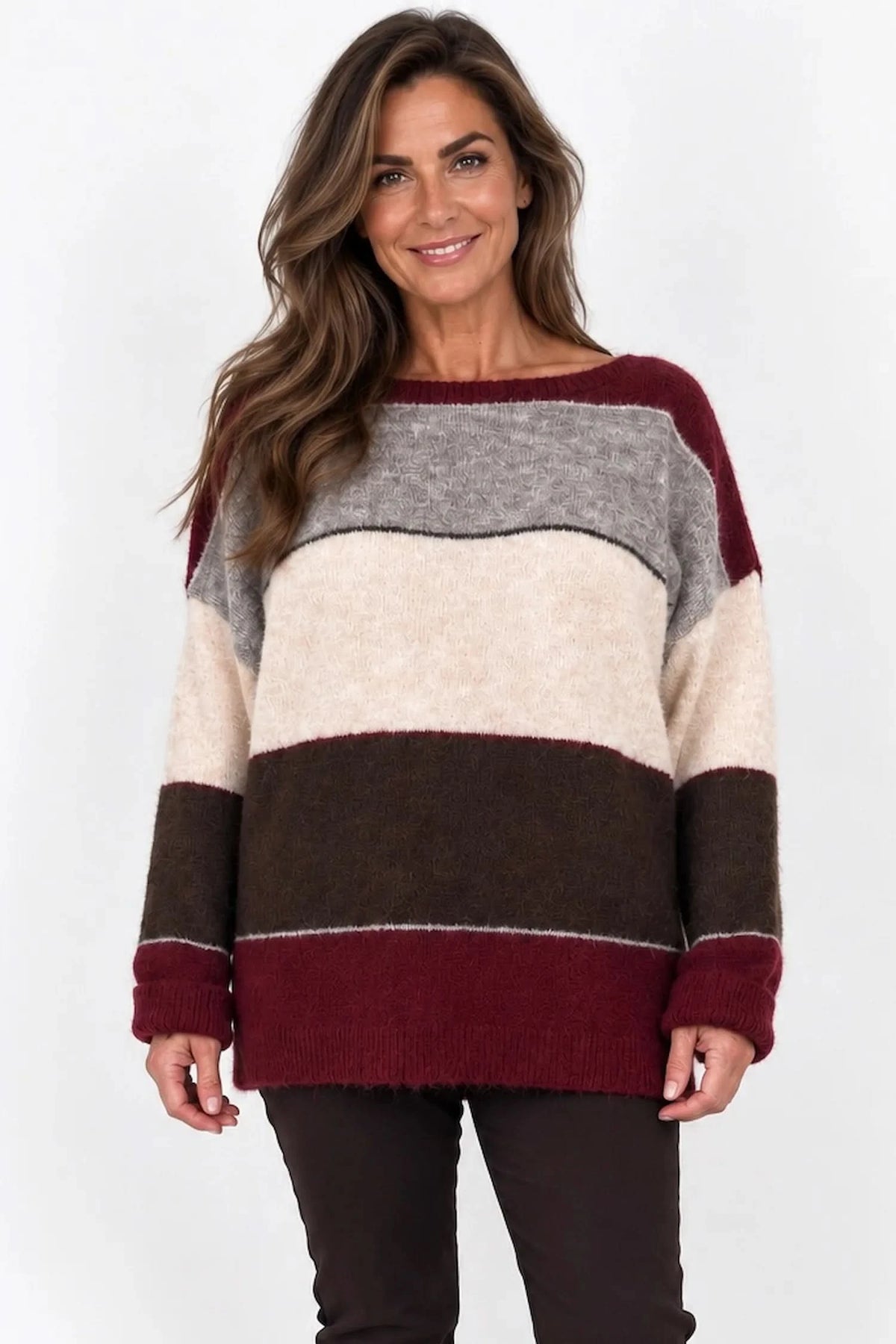 Wool Mix Stripe Marie Top - Wine/Mocha/Cream/Chocolate