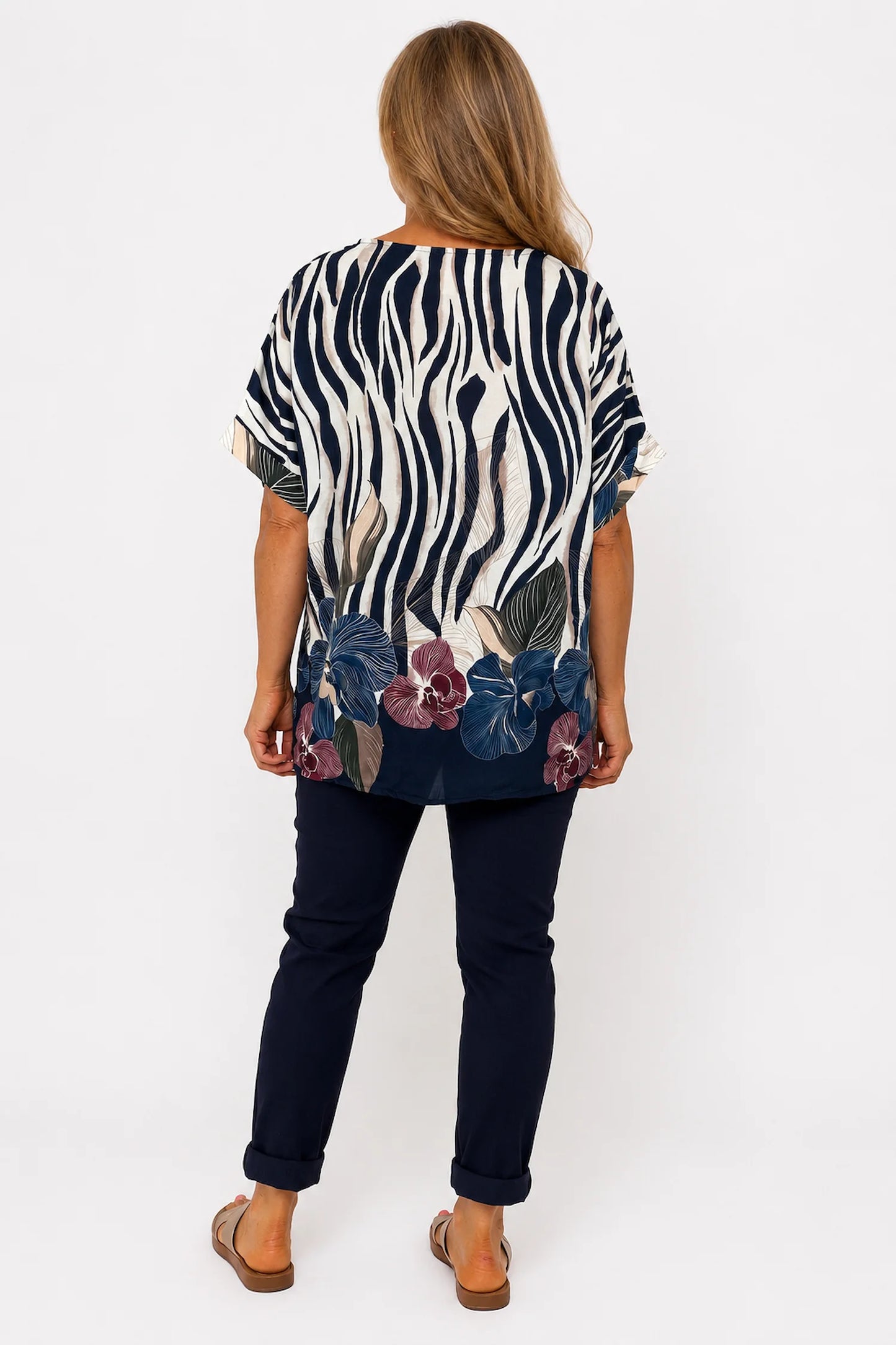 Lightweight Floral Zebra Kassi Top - Midnight Blue