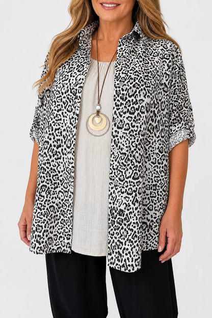 Premium Stitch Button Sleeve Leopard Print Valencia Button Shirt - Beige