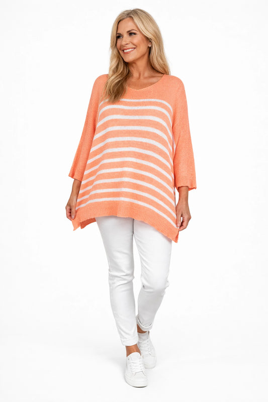 Cotton Serena Stripe Spring Knit Top - Apricot Coral