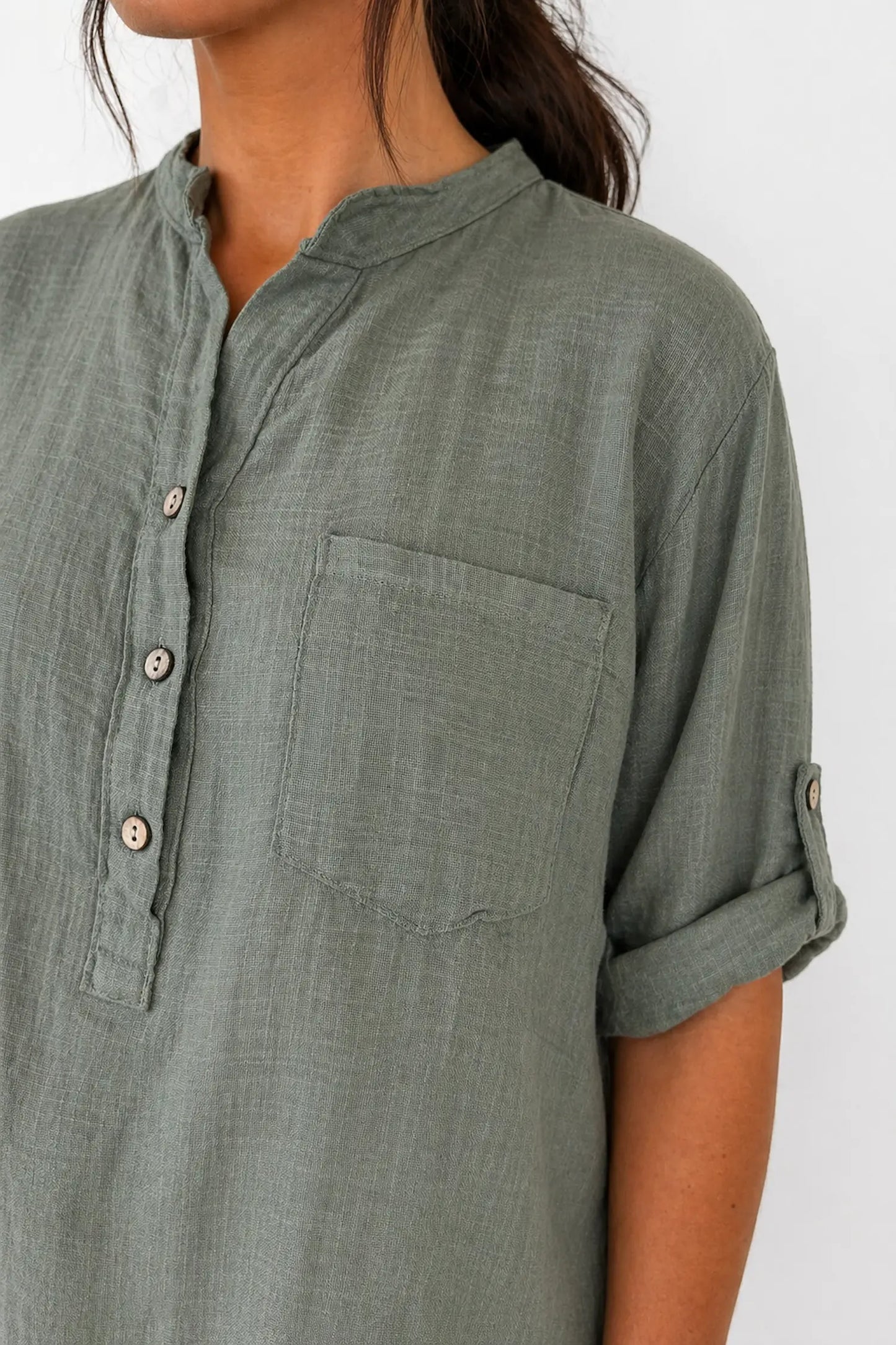 Linen Look Pure Cotton Pocket Detail Button Sleeve Calilla Button Shirt - Khaki