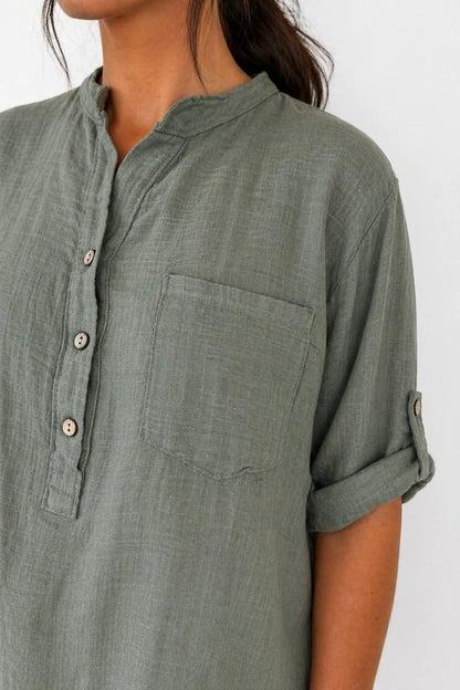Linen Look Pure Cotton Pocket Detail Button Sleeve Calilla Button Shirt - Khaki