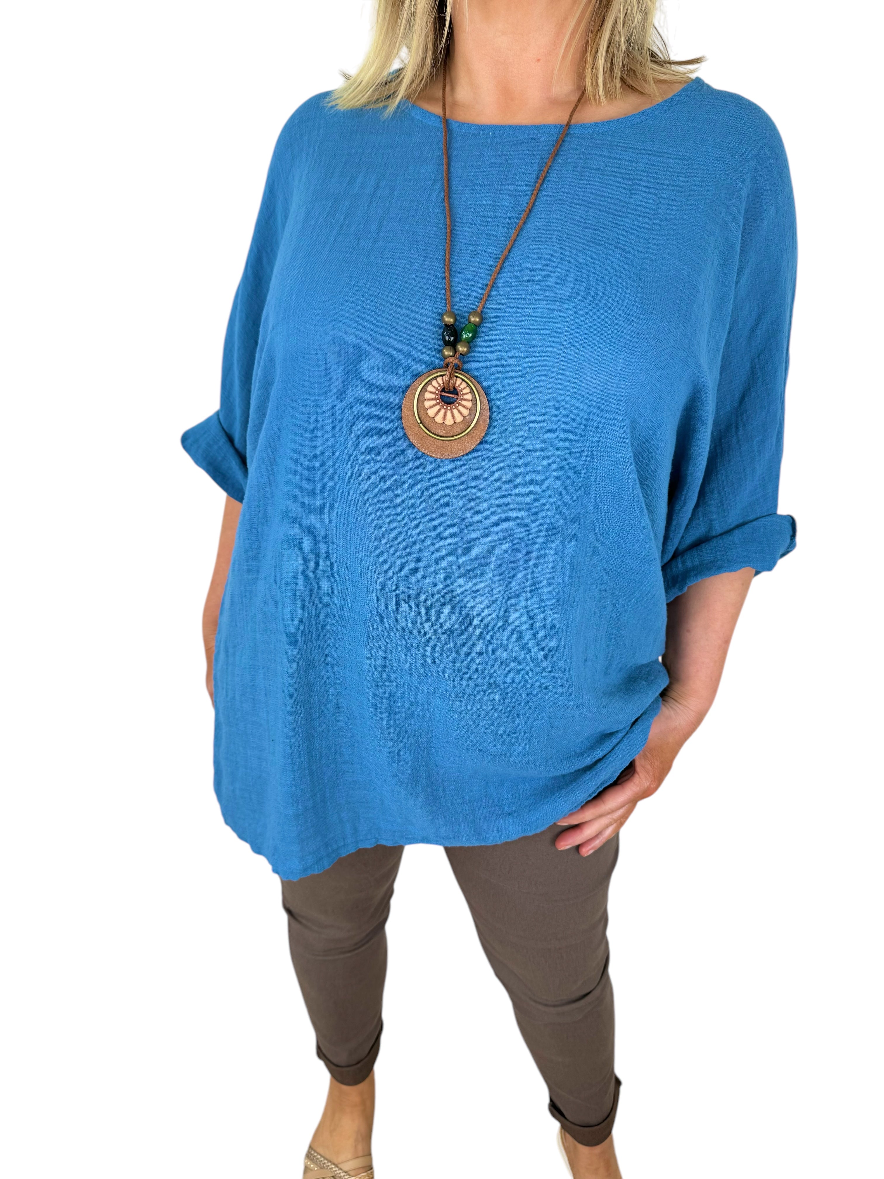 Pure Cotton Linen Look Porto Necklace Top - Denim