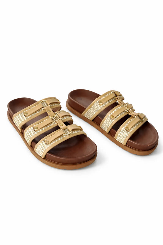 Carletta Woven Gold Buckle Slider Sandal - Espresso Tan