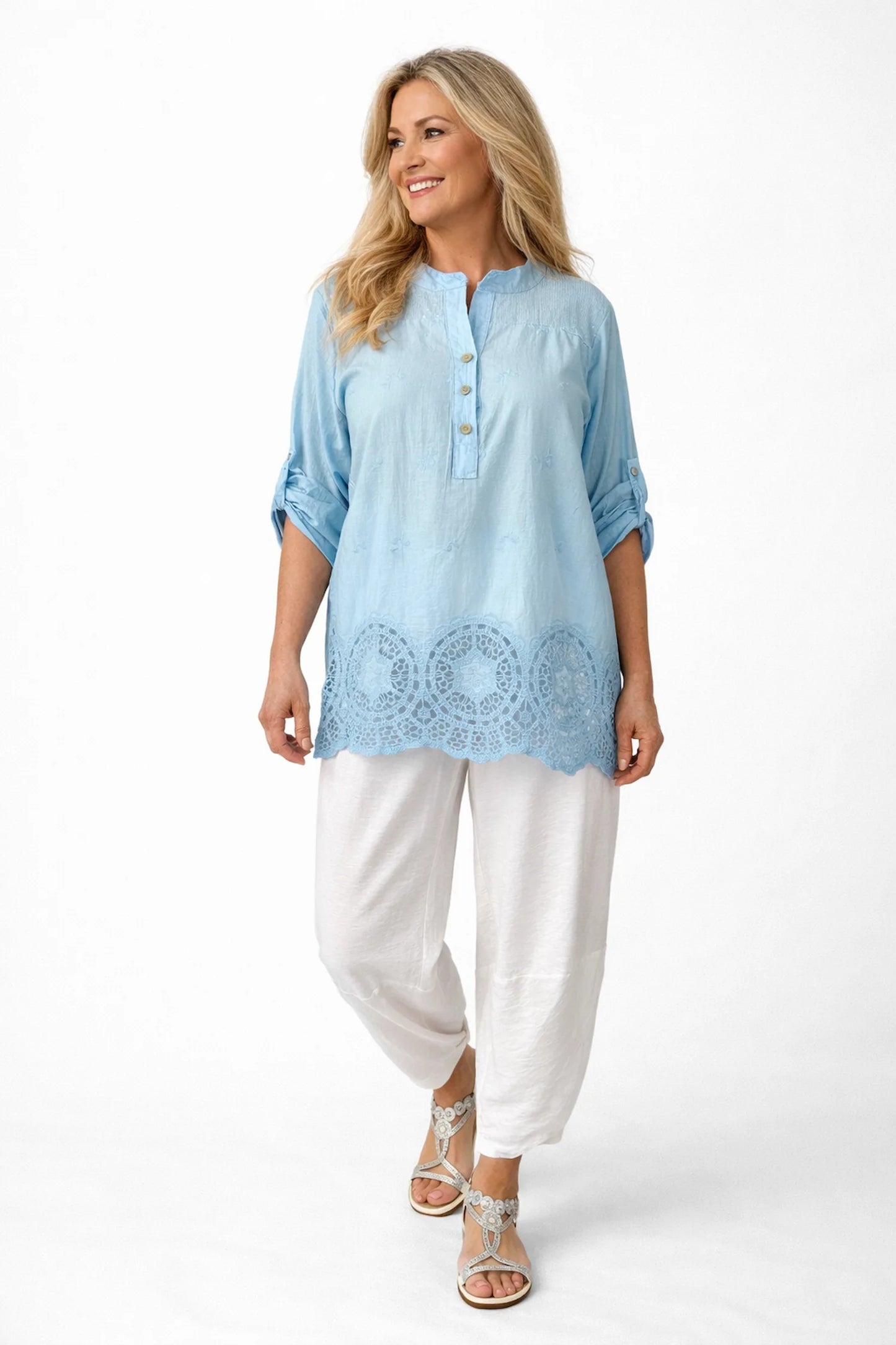 Pure Cotton Sequin Shoulder Embroidery Anglaise Button Sleeve Côte Doré Shirt - Baby Blue