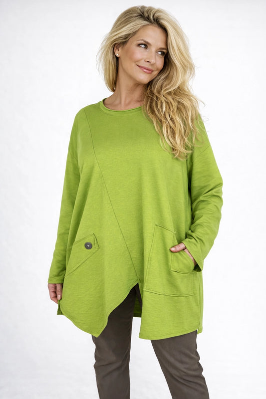 Cotton Button Detail Kara Pocket Sweatshirt - Lime