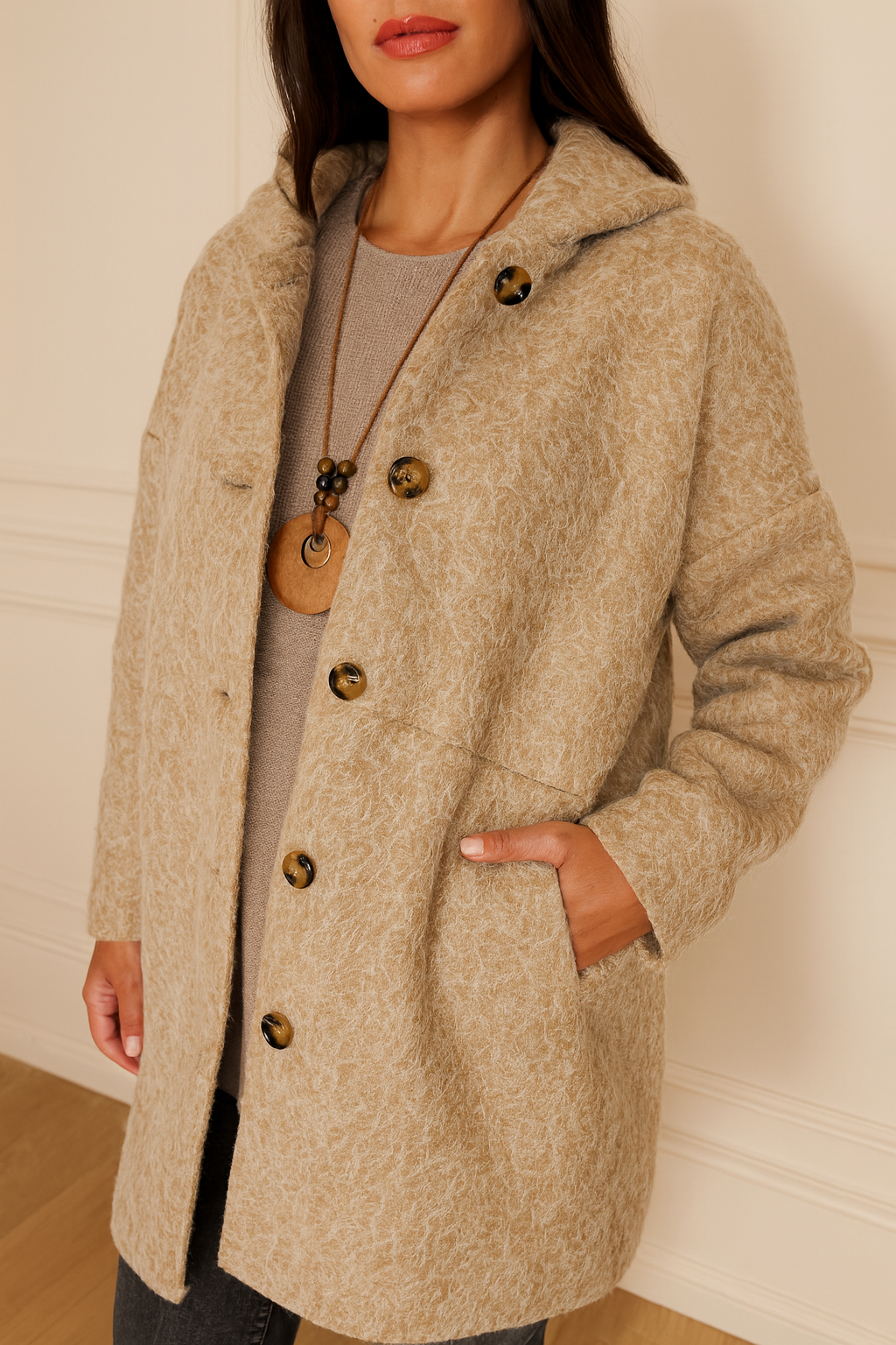 Double Pocket Button Cana Jacket - Beige