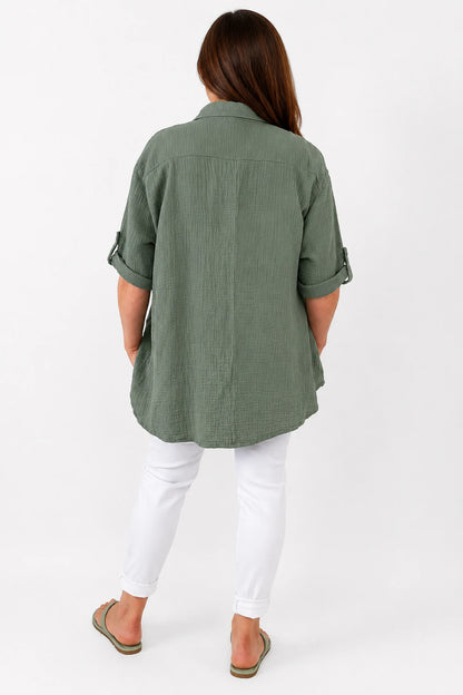Pure Bubble Cotton Embroidery Anglaise Daphne Button Sleeve Shirt - Khaki