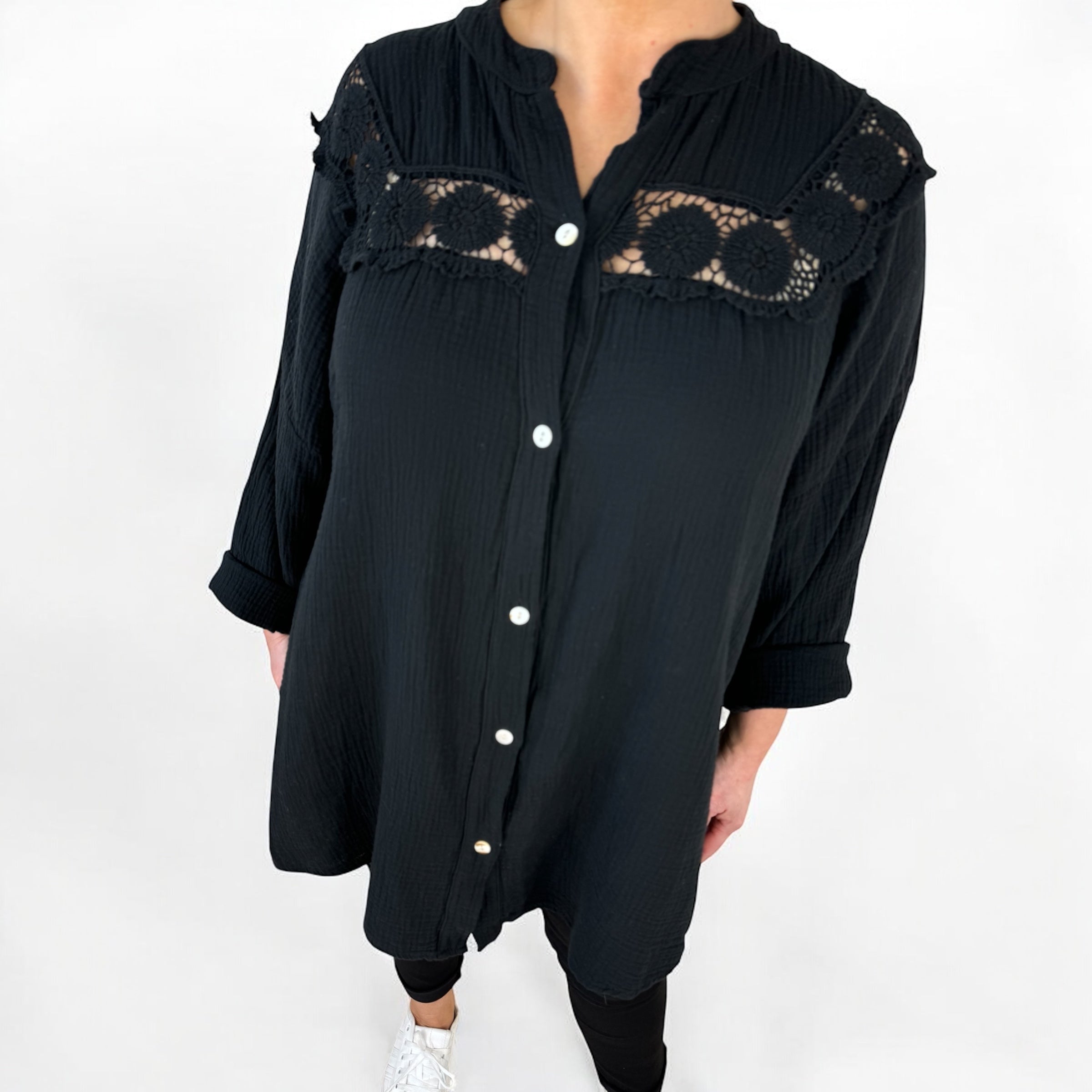 Oversized Bubble Cotton Positano Shirt - Black