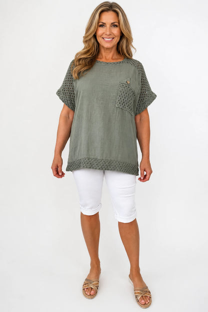 Pure Cotton Crochet Detail Button Pocket Palermo Top - Khaki