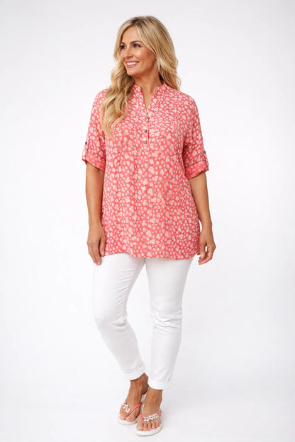 Linen Look Cotton Button Sleeve Daisy Button Shirt - Coral