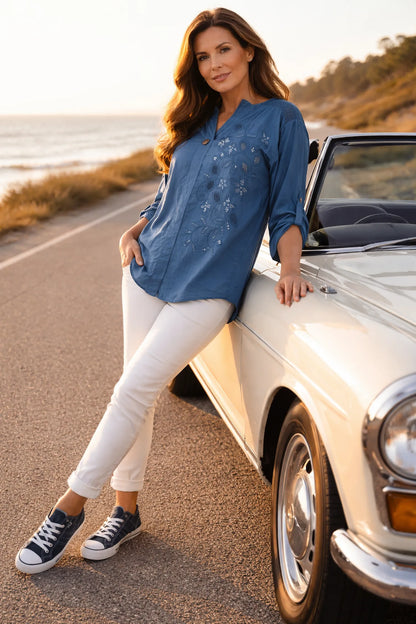 Cotton Mesh Shoulder Embroidery Anglaise Detail Button Sleeve Antonella One Button Shirt - Denim