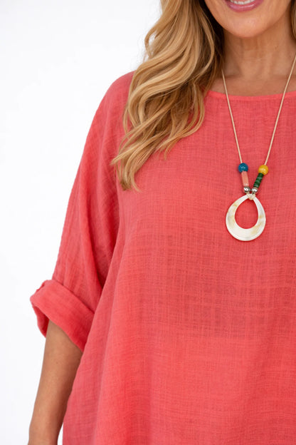 Pure Cotton Linen Look Italia Necklace Top - Coral