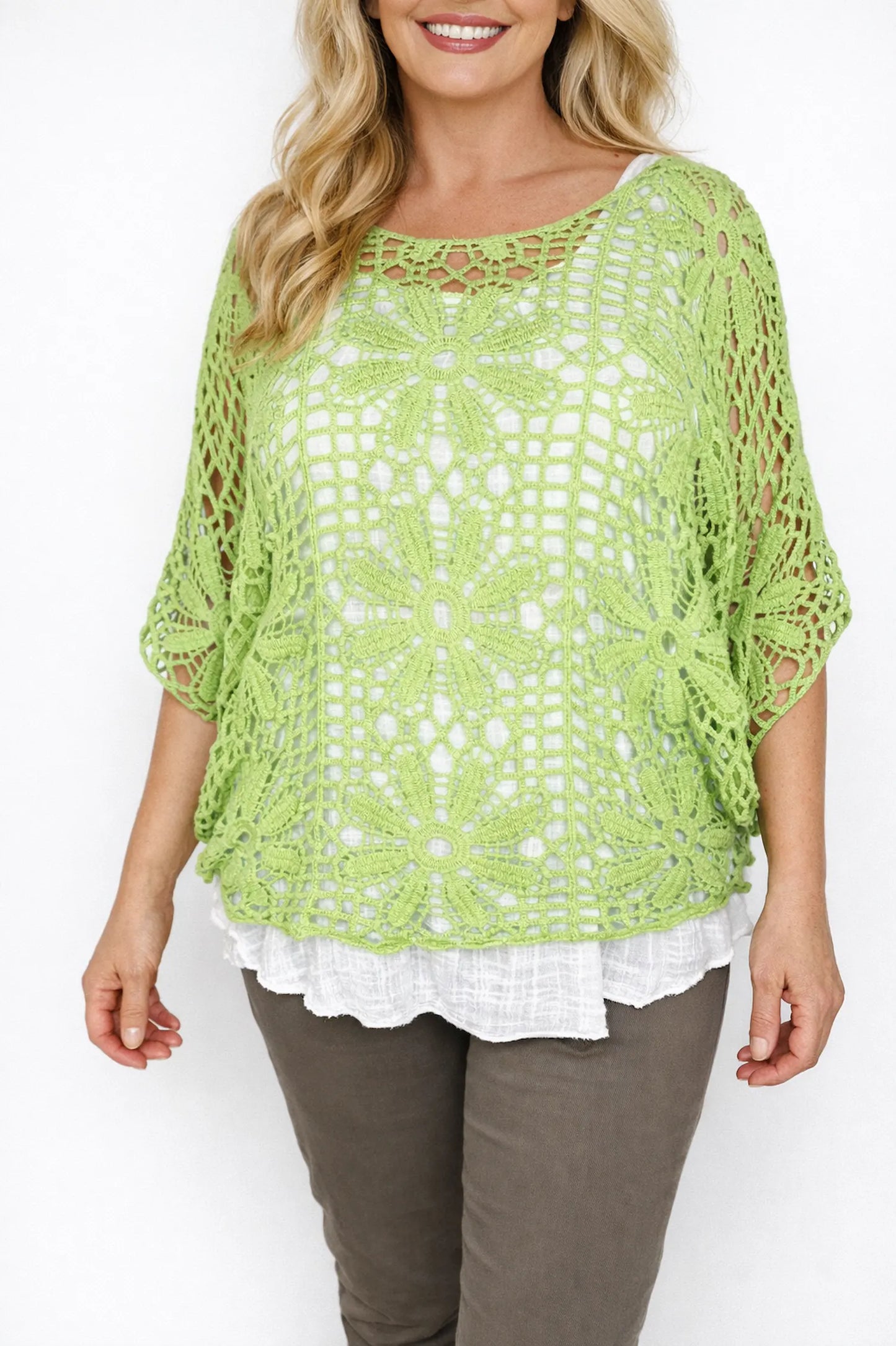 Pure Cotton Francesca Floral Crochet - Lime